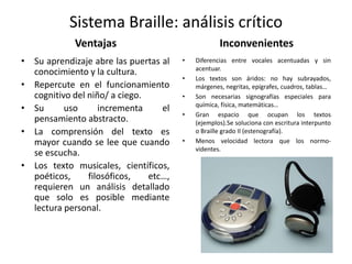 Sistema Braille: análisis crítico 
Ventajas 
• Su aprendizaje abre las puertas al 
conocimiento y la cultura. 
• Repercute en el funcionamiento 
cognitivo del niño/ a ciego. 
• Su uso incrementa el 
pensamiento abstracto. 
• La comprensión del texto es 
mayor cuando se lee que cuando 
se escucha. 
• Los texto musicales, científicos, 
poéticos, filosóficos, etc…, 
requieren un análisis detallado 
que solo es posible mediante 
lectura personal. 
Inconvenientes 
• Diferencias entre vocales acentuadas y sin 
acentuar. 
• Los textos son áridos: no hay subrayados, 
márgenes, negritas, epígrafes, cuadros, tablas… 
• Son necesarias signografías especiales para 
química, física, matemáticas… 
• Gran espacio que ocupan los textos 
(ejemplos).Se soluciona con escritura interpunto 
o Braille grado II (estenografía). 
• Menos velocidad lectora que los normo-videntes. 
 