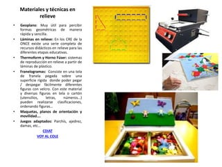 Materiales y técnicas en 
relieve 
• Geoplano: Muy útil para percibir 
formas geométricas de manera 
rápida y sencilla. 
• Láminas en relieve: En los CRE de la 
ONCE existe una serie completa de 
recursos didácticos en relieve para las 
diferentes etapas educativas. 
• Thermoform y Horno Fúser: sistemas 
de reproducción en relieve a partir de 
láminas de plástico. 
• Franelogramas: Consiste en una tela 
de franela pegada sobre una 
superficie rígida donde poder pegar 
/ despegar fácilmente diferentes 
figuras con velcro. Con este material 
y diversas figuras en tela o cartón 
(utensilios, letras, números…) 
pueden realizarse clasificaciones, 
ordenando figuras… 
• Maquetas, planos de orientación y 
movilidad…. 
• Juegos adaptados: Parchís, ajedrez, 
damas, etc… 
CDIAT 
VOY AL COLE 
 