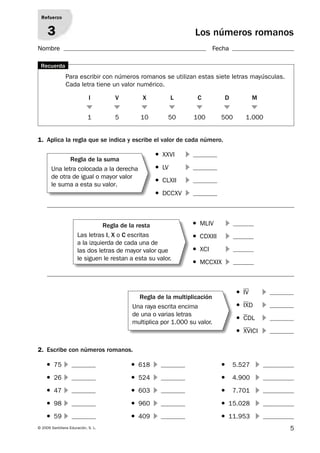 Refuerzo


     3                                                               Los números romanos
Nombre                                                                         Fecha

 Recuerda
                Para escribir con números romanos se utilizan estas siete letras mayúsculas.
                Cada letra tiene un valor numérico.

                             I       V         X             L           C            D             M
                            .        .        .           .          .            .                 .

                             1       5        10          50         100          500          1.000


1. Aplica la regla que se indica y escribe el valor de cada número.


                Regla de la suma
                                                    ●   XXVI     c
         Una letra colocada a la derecha            ●   LV       c
         de otra de igual o mayor valor
         le suma a esta su valor.
                                                    ●   CLXII    c
                                                    ●   DCCXV    c


                                Regla de la resta                    ●   MLIV         c
                      Las letras I, X o C escritas                   ●   CDXIII       c
                      a la izquierda de cada una de
                      las dos letras de mayor valor que              ●   XCI          c
                      le siguen le restan a esta su valor.           ●   MCCXIX       c



                                             Regla de la multiplicación
                                                                                           ●   IV        c
                                           Una raya escrita encima                         ●   IXD       c
                                           de una o varias letras
                                           multiplica por 1.000 su valor.
                                                                                           ●   CDL       c
                                                                                           ●   XVICI     c

2. Escribe con números romanos.

     ●   75    c                          ●   618   c                             ●       5.527      c
     ●   26    c                          ●   524   c                             ●       4.900      c
     ●   47    c                          ●   603   c                             ●       7.701      c
     ●   98    c                          ●   960   c                             ●   15.028         c
     ●   59    c                          ●   409   c                             ●   11.953         c
© 2009 Santillana Educación, S. L.                                                                           5
 