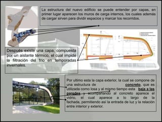 La estructura del nuevo edificio se puede entender por capas, en primer lugar aparecen los muros de carga internos, los cuales además de cargar sirven para dividir espacios y marcar los recorridos.Después existe una capa, compuesta por un aislante térmico, el cual impide la filtración del frio en temporadas invernales.Por ultimo esta la capa exterior, la cual se compone de una estructura de                  concreto, que es utilizada como losa y al mismo tiempo esta   baja a las paredes y acompañando al concreto aparece el vidrio, el cual aparece a lo largo de la fachada, permitiendo así la entrada de luz y la relación entre interior y exterior.