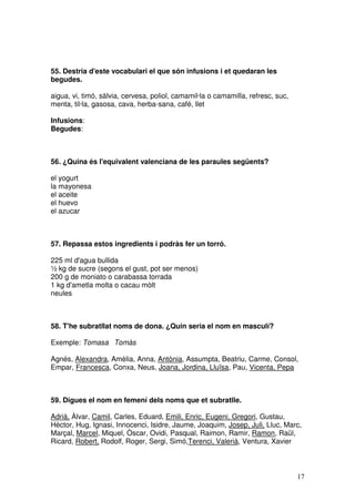 17
55. Destria d'este vocabulari el que són infusions i et quedaran les
begudes.
aigua, vi, timó, sàlvia, cervesa, poliol, camamil·la o camamilla, refresc, suc,
menta, til·la, gasosa, cava, herba-sana, café, llet
Infusions:
Begudes:
56. ¿Quina és l'equivalent valenciana de les paraules següents?
el yogurt
la mayonesa
el aceite
el huevo
el azucar
57. Repassa estos ingredients i podràs fer un torró.
225 ml d'agua bullida
½ kg de sucre (segons el gust, pot ser menos)
200 g de moniato o carabassa torrada
1 kg d'ametla molta o cacau mòlt
neules
58. T'he subratllat noms de dona. ¿Quin seria el nom en masculí?
Exemple: Tomasa Tomàs
Agnés, Alexandra, Amèlia, Anna, Antònia, Assumpta, Beatriu, Carme, Consol,
Empar, Francesca, Conxa, Neus, Joana, Jordina, Lluïsa, Pau, Vicenta, Pepa
59. Digues el nom en femení dels noms que et subratlle.
Adrià, Àlvar, Camil, Carles, Eduard, Emili, Enric, Eugeni, Gregori, Gustau,
Hèctor, Hug, Ignasi, Innocenci, Isidre, Jaume, Joaquim, Josep, Juli, Lluc, Marc,
Marçal, Marcel, Miquel, Òscar, Ovidi, Pasqual, Raimon, Ramir, Ramon, Raül,
Ricard, Robert, Rodolf, Roger, Sergi, Simó,Terenci, Valerià, Ventura, Xavier
 