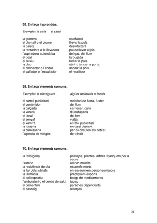 21
68. Enllaça i aprendràs.
Exemple: la safa el sabó
la granera calefacció
el plomall o el plomer lllevar la pols
la baieta desinfectant
la rentadora o la llavadora pal de llavar el pis
l’aspiradora automàtica del gas, del llum
el poal la bugada
el lleixiu torcar la pols
la clau obrir o tancar la porta
el connector o l’endoll aspirar la pols
el calfador o l’escalfador el recollidor
69. Enllaça elements comuns.
Exemple: la claveguera aigües residuals o fecals
el cartell publicitari mobiliari de fusta, fuster
el contenidor del llum
la calçada carnisser, carn
la vorera d'una façana
el fanal del fem
el senyal viatjar
el xamfrà el rètol publicitari
la fusteria on va el vianant
la carnisseria per on circulen els cotxes
l’agència de viatges de trànsit
70. Enllaça elements comuns.
la rellotgeria passejos, plantes, arbres i banquets per a
seure
l’estanc atenen malalts
la residència de dia estan els morts
la llar dels jubilats on es reunixen persones majors
la farmàcia practiquem esports
el poliespostiu botiga de medicaments
l’ambulatori o el centre de salut tabac
el cementeri persones dependents
el passeig rellotges
 