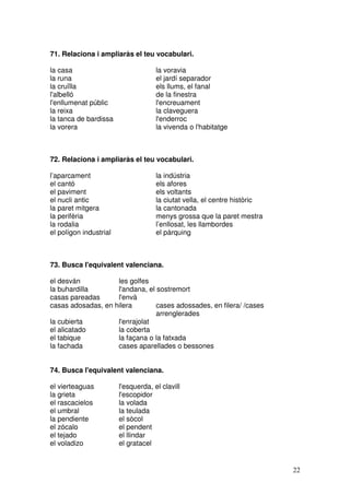 22
71. Relaciona i ampliaràs el teu vocabulari.
la casa la voravia
la runa el jardí separador
la cruïlla els llums, el fanal
l'albelló de la finestra
l'enllumenat públic l'encreuament
la reixa la claveguera
la tanca de bardissa l'enderroc
la vorera la vivenda o l'habitatge
72. Relaciona i ampliaràs el teu vocabulari.
l’aparcament la indústria
el cantó els afores
el paviment els voltants
el nucli antic la ciutat vella, el centre històric
la paret mitgera la cantonada
la perifèria menys grossa que la paret mestra
la rodalia l’enllosat, les llambordes
el polígon industrial el pàrquing
73. Busca l'equivalent valenciana.
el desván les golfes
la buhardilla l'andana, el sostremort
casas pareadas l'envà
casas adosadas, en hilera cases adossades, en filera/ /cases
arrenglerades
la cubierta l'enrajolat
el alicatado la coberta
el tabique la façana o la fatxada
la fachada cases aparellades o bessones
74. Busca l'equivalent valenciana.
el vierteaguas l'esquerda, el clavill
la grieta l'escopidor
el rascacielos la volada
el umbral la teulada
la pendiente el sòcol
el zócalo el pendent
el tejado el llindar
el voladizo el gratacel
 