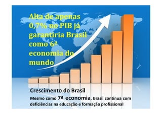 Alta de apenas
0,7% no PIB já
garantiria Brasil
como 6ª
economia do
mundo


Crescimento do Brasil
Mesmo como 7ª economia, Brasil continua com
deficiências na educação e formação profissional
 