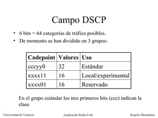 Campo DSCP 6 bits = 64 categorías de tráfico posibles. De momento se han dividido en 3 grupos: En el grupo estándar los tres primeros bits (ccc) indican la clase Uso Valores Codepoint 16 16 32 Reservado xxxx01 Local/experimental xxxx11 Estándar cccyy0 