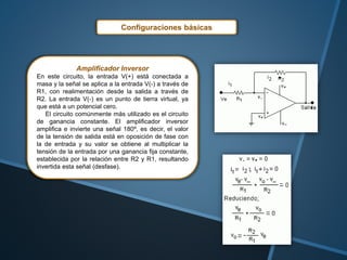 Configuraciones básicas
Amplificador Inversor
En este circuito, la entrada V(+) está conectada a
masa y la señal se aplica a la entrada V(-) a través de
R1, con realimentación desde la salida a través de
R2. La entrada V(-) es un punto de tierra virtual, ya
que está a un potencial cero.
El circuito comúnmente más utilizado es el circuito
de ganancia constante. El amplificador inversor
amplifica e invierte una señal 180º, es decir, el valor
de la tensión de salida está en oposición de fase con
la de entrada y su valor se obtiene al multiplicar la
tensión de la entrada por una ganancia fija constante,
establecida por la relación entre R2 y R1, resultando
invertida esta señal (desfase).
 