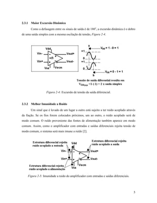 2.3.1 Maior Excursão Dinâmica
        Como a defasagem entre os sinais de saída é de 180o, a excursão dinâmica é o dobro
de uma saída simples com a mesma oscilação de tensão, Figura 2-4.




                    Figura 2-4: Excursão de tensão da saída diferencial.


2.3.2   Melhor Imunidade a Ruído
        Um sinal que é levado de um lugar a outro está sujeito a ter ruído acoplado através
da fiação. Se os fios forem colocados próximos, um ao outro, o ruído acoplado será de
modo comum. O ruído proveniente das fontes de alimentação também aparece em modo
comum. Assim, como o amplificador com entradas e saídas diferenciais rejeita tensão de
modo comum, o sistema será mais imune a ruído [2].




    Figura 2-5: Imunidade a ruído do amplificador com entradas e saídas diferenciais.




                                                                                         5
 
