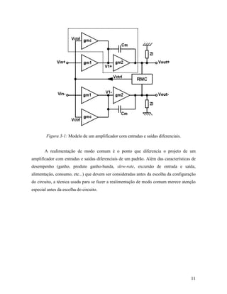 Figura 3-1: Modelo de um amplificador com entradas e saídas diferenciais.


       A realimentação de modo comum é o ponto que diferencia o projeto de um
amplificador com entradas e saídas diferenciais de um padrão. Além das características de
desempenho (ganho, produto ganho-banda, slew-rate, excursão de entrada e saída,
alimentação, consumo, etc...) que devem ser consideradas antes da escolha da configuração
do circuito, a técnica usada para se fazer a realimentação de modo comum merece atenção
especial antes da escolha do circuito.




                                                                                      11
 