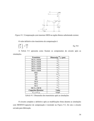 Figura 9-1: Compensação com transistor MOS na região ôhmica substituindo resistor.


       O valor definitivo dos transistores de compensação é:
       W    6,6
         =                                                                  Eq. 9-8
        L C  2
       A Tabela 9-1 apresenta como ficaram os componentes do circuito após as
simulações.
                       Transistor                Dimensão W/L (µm)
                                                                µ
                                                        24
                      M1A e M1B                            /2
                                                        24
                      M2A e M2B                            /2
                                                        85
                      M3A e M3B                            /4
                                                       170
                      M4A e M4B                             /2
                                                       510
                      M5A e M5B                             /2
                                                        12
                      M6A e M6B                            /2
                                                        24
                          M6C                              /2
                                                       56,7
                           M7                                /4
                                                        51
                           M8                              /2
                                                        51
                           M9                              /2
                                                        51
                          M10                              /2
                                                        1,7
                          M11                               /4
                                                        51
                          M12                              /2
                                                        6,6
                      MCA e MCB                             /2
                    Capacitor/Resistor                Valor
                       CCA e CCB                      0,6pF
                Tabela 9-1: Dimensões dos transistores após as simulações


       O circuito completo e definitivo após as modificações feitas durante as simulações
com MOSFET/capacitor de compensação é mostrado na Figura 9-2, foi este o circuito
enviado para fabricação.


                                                                                        34
 