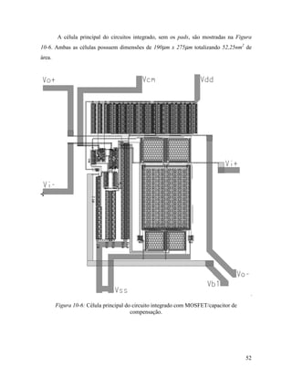 A célula principal do circuitos integrado, sem os pads, são mostradas na Figura
10-6. Ambas as células possuem dimensões de 190µm x 275µm totalizando 52,25nm2 de
área.




        Figura 10-6: Célula principal do circuito integrado com MOSFET/capacitor de
                                        compensação.




                                                                                      52
 