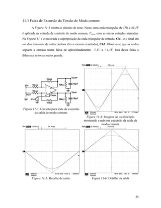 11.3 Faixa de Excursão da Tensão de Modo comum
       A Figura 11-3 mostra o circuito de teste. Neste, uma onda triangular de 5Hz e ±1,5V
é aplicada na entrada de controle de modo comum, Vocm, com as outras entradas aterradas.
Na Figura 11-4 é mostrada a superposição da onda triangular de entrada, Ch1, e o sinal em
um dos terminais de saída (ambos têm o mesmo resultado), Ch3. Observa-se que as saídas
seguem a entrada numa faixa de aproximadamente −1,3V a +1,3V, fora desta faixa a
diferença se torna muito grande.




Figura 11-3: Circuito para teste da excursão
        da saída de modo comum.
                                                Figura 11-4: Imagem do osciloscópio
                                               mostrando a máxima excursão da saída de
                                                            modo comum.




       Figura 11-5: Detalhe da saída.                Figura 11-6: Detalhe da saída




                                                                                       55
 