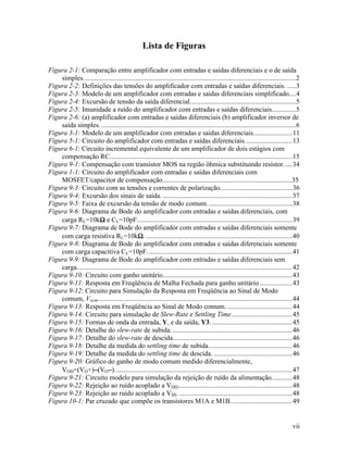 Lista de Figuras

Figura 2-1: Comparação entre amplificador com entradas e saídas diferenciais e o de saída
    simples. ...........................................................................................................................2
Figura 2-2: Definições das tensões do amplificador com entradas e saídas diferenciais. .....3
Figura 2-3: Modelo de um amplificador com entradas e saídas diferenciais simplificado....4
Figura 2-4: Excursão de tensão da saída diferencial..............................................................5
Figura 2-5: Imunidade a ruído do amplificador com entradas e saídas diferenciais..............5
Figura 2-6: (a) amplificador com entradas e saídas diferenciais (b) amplificador inversor de
    saída simples. ..................................................................................................................6
Figura 3-1: Modelo de um amplificador com entradas e saídas diferenciais.......................11
Figura 5-1: Circuito do amplificador com entradas e saídas diferenciais............................13
Figura 6-1: Circuito incremental equivalente de um amplificador de dois estágios com
    compensação RC...........................................................................................................15
Figura 9-1: Compensação com transistor MOS na região ôhmica substituindo resistor. ....34
Figura 1-1: Circuito do amplificador com entradas e saídas diferenciais com
    MOSFET/capacitor de compensação............................................................................35
Figura 9-3: Circuito com as tensões e correntes de polarização. .........................................36
Figura 9-4: Excursão dos sinais de saída. ............................................................................37
Figura 9-5: Faixa de excursão da tensão de modo comum. .................................................38
Figura 9-6: Diagrama de Bode do amplificador com entradas e saídas diferenciais, com
                      Ω
    carga RL=10kΩ e CL=10pF...........................................................................................39
Figura 9-7: Diagrama de Bode do amplificador com entradas e saídas diferenciais somente
                                            Ω
    com carga resistiva RL=10kΩ. ......................................................................................40
Figura 9-8: Diagrama de Bode do amplificador com entradas e saídas diferenciais somente
    com carga capacitiva CL=10pF. ....................................................................................41
Figura 9-9: Diagrama de Bode do amplificador com entradas e saídas diferenciais sem
    carga..............................................................................................................................42
Figura 9-10: Circuito com ganho unitário............................................................................43
Figura 9-11: Resposta em Freqüência de Malha Fechada para ganho unitário ...................43
Figura 9-12: Circuito para Simulação da Resposta em Freqüência ao Sinal de Modo
    comum, Vocm..................................................................................................................44
Figura 9-13: Resposta em Freqüência ao Sinal de Modo comum. ......................................44
Figura 9-14: Circuito para simulação de Slew-Rate e Settling Time....................................45
Figura 9-15: Formas de onda da entrada, Y, e da saída, Y3. ...............................................45
Figura 9-16: Detalhe do slew-rate de subida. ......................................................................46
Figura 9-17: Detalhe do slew-rate de descida......................................................................46
Figura 9-18: Detalhe da medida do settling time de subida.................................................46
Figura 9-19: Detalhe da medida do settling time de descida. ..............................................46
Figura 9-20: Gráfico do ganho de modo comum medido diferencialmente,
    VOD=(VO+)−(VO−). .......................................................................................................47
                   −
Figura 9-21: Circuito modelo para simulação da rejeição de ruído da alimentação............48
Figura 9-22: Rejeição ao ruído acoplado a VDD...................................................................48
Figura 9-23: Rejeição ao ruído acoplado a VSS. ..................................................................48
Figura 10-1: Par cruzado que compõe os transistores M1A e M1B. ...................................49


                                                                                                                                     vii
 
