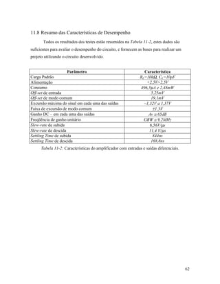 11.8 Resumo das Características de Desempenho
       Todos os resultados dos testes estão resumidos na Tabela 11-2, estes dados são
suficientes para avaliar o desempenho do circuito, e fornecem as bases para realizar um
projeto utilizando o circuito desenvolvido.


                     Parâmetro                                   Característica
Carga Padrão                                                   RL=10kΩ, CL=10pF
Alimentação                                                       +2,5V/-2,5V
Consumo                                                        496,5µA e 2,48mW
Off-set de entrada                                                   5,25mV
Off-set de modo comum                                                19,1mV
Excursão máxima do sinal em cada uma das saídas                  −1,32V a 1,37V
Faixa de excursão de modo comum                                       ±1,3V
Ganho DC – em cada uma das saídas                                  Av ≅ 65dB
Freqüência de ganho unitário                                     GBW ≅ 9,2MHz
Slew-rate de subida                                                 6,56V/µs
Slew-rate de descida                                                11,4 V/µs
Settling Time de subida                                               844ns
Settling Time de descida                                             168,8ns
      Tabela 11-2: Características do amplificador com entradas e saídas diferenciais.




                                                                                          62
 