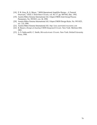 [18] P. R. Gray, R. G. Meyer, “ MOS Operational Amplifier Design − A Tutorial
     Overview,” IEEE J. Solid-State Circuits, vol. SC-17, pp. 969-982, Dec. 1982.
[19] Austria Mikro Sisteme International AG. 0.6µm CMOS Joint Group Process
     Parameters. No. 9933011, rev. B, 1998.
[20] Austria Mikro Sisteme International AG. 0.6µm CMOS Design Rules. No. 9931025,
     rev. 2.0, 1998.
[21] Austria Mikro Sisteme International AG. http://asic.austriamicrosystems.com
[22] B. Razavi, Design of Ananlog CMOS Integrated Circuits. New York: McGraw-Hill,
     2001.
[23] A. S. Sedra and K. C. Smith, Microelectronic Circuits. New York: Oxford University
     Press, 1998.




                                                                                     76
 