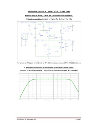 Amplificador de audio clase AB. Página 1
Electrónica Aplicada II INSPT UTN Curso 2-641
Amplificador de audio CLASE AB con transistores bipolares:
1. Circuito esquemático: (realizado en Pspice) RL = 8 ohms; Vcc = 25V
R4= preset de 47K (ajuste de Vcc/2 nodo A) R7= 220 ohms.(ajuste crossover) R14=47K LOG (volumen)
2. Respuesta en frecuencia del amplificador : gráfico de BODE en el Pspice :
Ganancia en dB a 1KHZ = 26,6 dB; Frecuencia de corte inferior = 23 HZ. Fcs = 1.13MHZ
Frequency
1.0Hz 10Hz 100Hz 1.0KHz 10KHz 100KHz 1.0MHz 10MHz
DB( V(RL:2) / V(V2:+) )
-20
0
20
40
 