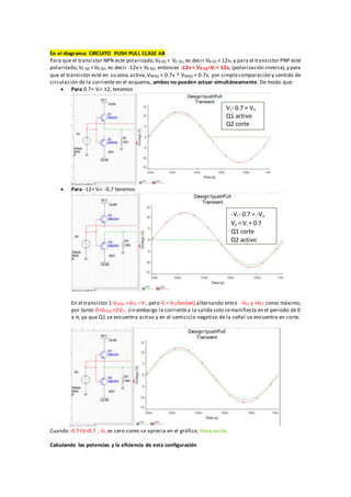 En el diagrama: CIRCUITO PUSH PULL CLASE AB
Para que el transistor NPN este polarizado,VB Q1 < VC Q1,es decir VB Q1 < 12v, y para el transistor PNP esté
polarizado,VC Q2 <VB Q2, es decir -12v < VB Q2, entonces -12v< VB Q2=Vi < 12v, (polarización inversa),y para
que el transistor esté en su zona activa,VBEQ1 > 0.7v ^ VEBQ2 > 0.7v, por simplecomparación y sentido de
circulación de la corriente en el esquema, ambos no pueden actuar simultáneamente. De modo que:
 Para 0.7< Vi< 12, tenemos
 Para -12< Vi< -0,7 tenemos
En el transistor 1 VCEQ1 =VCC –Vi ,pero Vi = VCCSen(wt),alternando entre -VCC y +VCC como máximo,
por tanto 0<VCEQ1<2VCC sin embargo la corrientea la salida solo semanifiesta en el periodo de 0
a π, ya que Q1 se encuentra activo y en el semiciclo negativo de la señal se encuentra en corte.
Cuando -0.7<Vi<0.7 , Vo es cero como se aprecia en el gráfico, línea verde.
Calculando las potencias y la eficiencia de esta configuración
Vi - 0.7 = Vo
Q1 activo
Q2 corte
-Vi - 0.7 = -Vo
Vo = Vi + 0.7
Q1 corte
Q2 activo
 