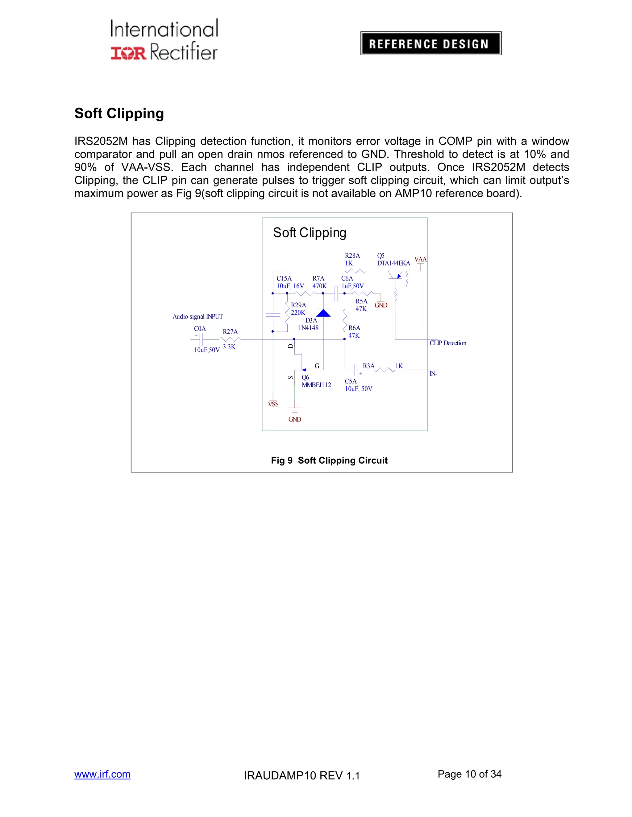 Soft Clipping
IRS2052M has Clipping detection function, it monitors error voltage in COMP pin with a window
comparator and pull an open drain nmos referenced to GND. Threshold to detect is at 10% and
90% of VAA-VSS. Each channel has independent CLIP outputs. Once IRS2052M detects
Clipping, the CLIP pin can generate pulses to trigger soft clipping circuit, which can limit output’s
maximum power as Fig 9(soft clipping circuit is not available on AMP10 reference board).

Soft Clipping
R28A
1K
C15A
10uF, 16V

R29A
220K
D3A
1N4148

Audio signal INPUT
R27A

C6A
1uF,50V
R5A
47K

GND

R6A
47K
CLIP Detection

D

C0A

R7A
470K

Q5
VAA
DTA144EKA

10uF,50V 3.3K

S

G
Q6
MMBFJ112

R3A

1K
IN-

C5A
10uF, 50V

VSS
GND

Fig 9 Soft Clipping Circuit

www.irf.com

IRAUDAMP10 REV 1.1

Page 10 of 34

 