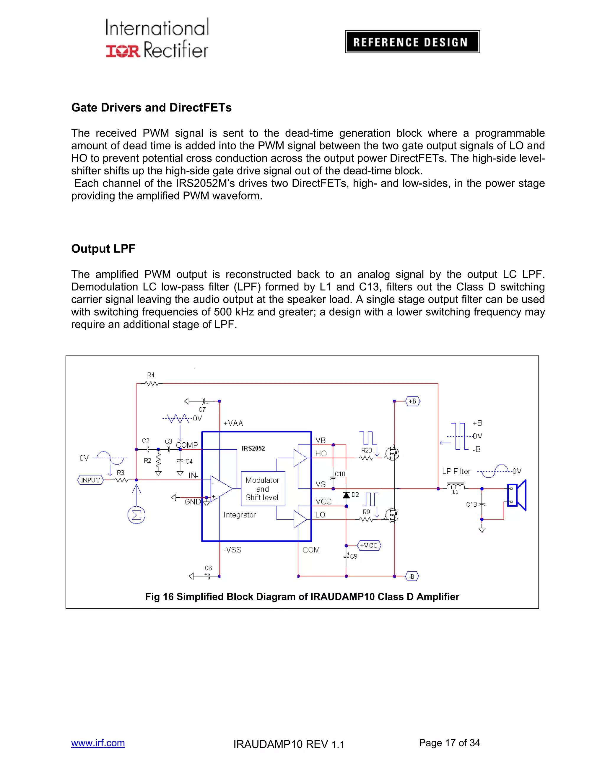 Gate Drivers and DirectFETs
The received PWM signal is sent to the dead-time generation block where a programmable
amount of dead time is added into the PWM signal between the two gate output signals of LO and
HO to prevent potential cross conduction across the output power DirectFETs. The high-side levelshifter shifts up the high-side gate drive signal out of the dead-time block.
Each channel of the IRS2052M’s drives two DirectFETs, high- and low-sides, in the power stage
providing the amplified PWM waveform.

Output LPF
The amplified PWM output is reconstructed back to an analog signal by the output LC LPF.
Demodulation LC low-pass filter (LPF) formed by L1 and C13, filters out the Class D switching
carrier signal leaving the audio output at the speaker load. A single stage output filter can be used
with switching frequencies of 500 kHz and greater; a design with a lower switching frequency may
require an additional stage of LPF.

Fig 16 Simplified Block Diagram of IRAUDAMP10 Class D Amplifier

www.irf.com

IRAUDAMP10 REV 1.1

Page 17 of 34

 
