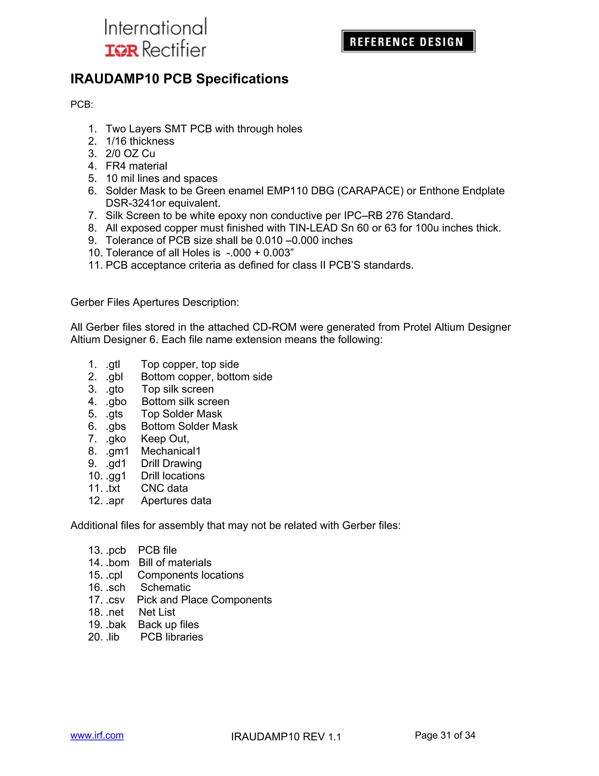 IRAUDAMP10 PCB Specifications
PCB:

1.
2.
3.
4.
5.
6.

Two Layers SMT PCB with through holes
1/16 thickness
2/0 OZ Cu
FR4 material
10 mil lines and spaces
Solder Mask to be Green enamel EMP110 DBG (CARAPACE) or Enthone Endplate
DSR-3241or equivalent.
7. Silk Screen to be white epoxy non conductive per IPC–RB 276 Standard.
8. All exposed copper must finished with TIN-LEAD Sn 60 or 63 for 100u inches thick.
9. Tolerance of PCB size shall be 0.010 –0.000 inches
10. Tolerance of all Holes is -.000 + 0.003”
11. PCB acceptance criteria as defined for class II PCB’S standards.
Gerber Files Apertures Description:
All Gerber files stored in the attached CD-ROM were generated from Protel Altium Designer
Altium Designer 6. Each file name extension means the following:
1. .gtl
2. .gbl
3. .gto
4. .gbo
5. .gts
6. .gbs
7. .gko
8. .gm1
9. .gd1
10. .gg1
11. .txt
12. .apr

Top copper, top side
Bottom copper, bottom side
Top silk screen
Bottom silk screen
Top Solder Mask
Bottom Solder Mask
Keep Out,
Mechanical1
Drill Drawing
Drill locations
CNC data
Apertures data

Additional files for assembly that may not be related with Gerber files:
13. .pcb
14. .bom
15. .cpl
16. .sch
17. .csv
18. .net
19. .bak
20. .lib

www.irf.com

PCB file
Bill of materials
Components locations
Schematic
Pick and Place Components
Net List
Back up files
PCB libraries

IRAUDAMP10 REV 1.1

Page 31 of 34

 