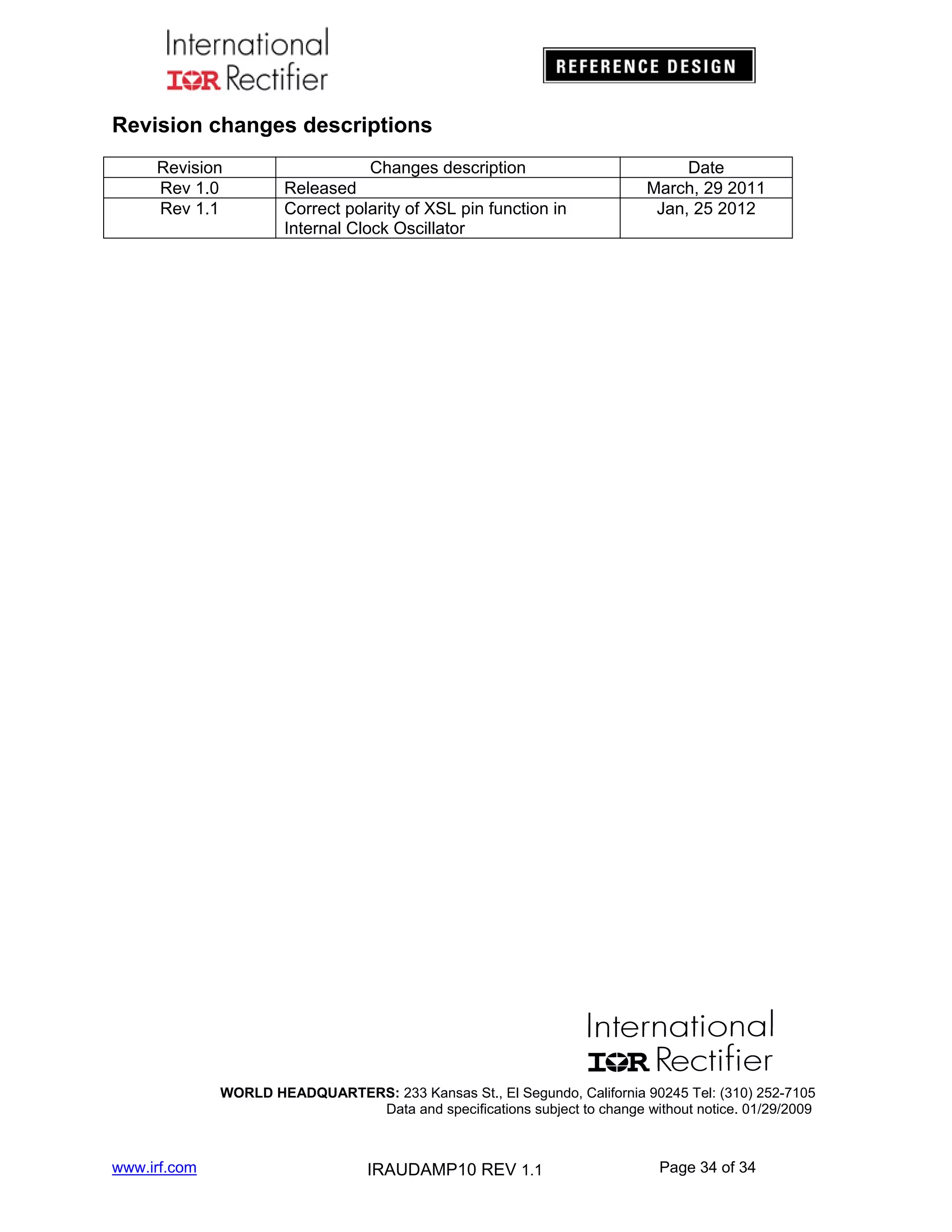 Revision changes descriptions
Revision
Rev 1.0
Rev 1.1

Changes description
Released
Correct polarity of XSL pin function in
Internal Clock Oscillator

Date
March, 29 2011
Jan, 25 2012

WORLD HEADQUARTERS: 233 Kansas St., El Segundo, California 90245 Tel: (310) 252-7105
Data and specifications subject to change without notice. 01/29/2009

www.irf.com

IRAUDAMP10 REV 1.1

Page 34 of 34

 