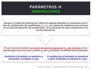 PARÁMETROS H:
OBSERVACIONES
Electrónica Analógica I. Facultad de Ingeniería. Universidad de Antioquia. 2015-1
El valor real de β también es función del punto de operación (ICQ) del transistor. En la
porción plana de la curva de iC contra vCE con iB constante, el cambio de β es pequeño.
Conforme el transistor se aproxima a
saturación, β empieza a caer.
A medida que el transistor se aproxima
a corte, β también se aproxima a cero.
Aunque el modelo de parámetros h define el segundo subíndice en asociación con el
tipo de configuración del amplificador, hib y hie son valores de resistencia que se basan
en el punto de operación del amplificador y en la ubicación de estas resistencias en el
circuito equivalente.
 