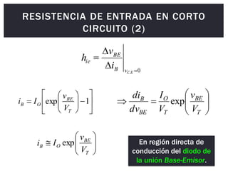 RESISTENCIA DE ENTRADA EN CORTO
CIRCUITO (2)















 1
exp
T
BE
O
B
V
v
I
i 









T
BE
T
O
BE
B
V
v
V
I
dv
i
d
exp
0




CE
v
B
BE
ie
i
v
h









T
BE
O
B
V
v
I
i exp En región directa de
conducción del diodo de
la unión Base-Emisor.
 
