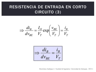 RESISTENCIA DE ENTRADA EN CORTO
CIRCUITO (3)
Electrónica Analógica I. Facultad de Ingeniería. Universidad de Antioquia. 2015-1
T
B
BE
B
V
i
dv
i
d


T
B
T
BE
T
O
BE
B
V
i
V
v
V
I
dv
i
d










 exp
 