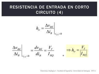 RESISTENCIA DE ENTRADA EN CORTO
CIRCUITO (4)
Electrónica Analógica I. Facultad de Ingeniería. Universidad de Antioquia. 2015-1
BQ
T
ie
I
V
h 

BQ
T
B
BE
v
B
BE
I
V
i
d
dv
i
v
CE




0
0




CE
v
B
BE
ie
i
v
h
*
 