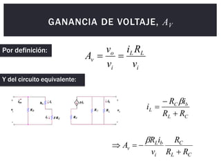GANANCIA DE VOLTAJE, AV
i
L
L
i
o
v
v
R
i
v
v
A 

C
L
b
C
L
R
R
i
R
i




C
L
C
i
b
L
v
R
R
R
v
i
R
A





Por definición:
Y del circuito equivalente:
 