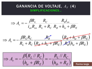 E
ie
B
en
B
C
L
C
en
en
L
v
R
h
R
i
R
R
R
R
R
i
R
A








 
 
 
E
ie
B
E
ie
B
E
ie
B
B
C
L
C
L
v
R
h
R
R
h
R
R
h
R
R
R
R
R
R
A













 
   
E
ib
C
L
E
ie
C
L
v
R
h
R
R
R
h
R
R
A







//
//


Forma larga
GANANCIA DE VOLTAJE, AV (4)
SIMPLIFICACIONES…
 