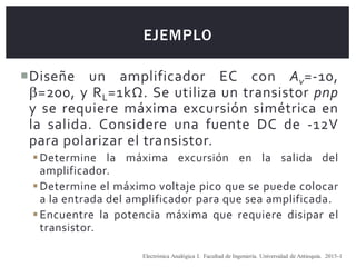 EJEMPLO
Diseñe un amplificador EC con Av=-10,
=200, y RL=1kΩ. Se utiliza un transistor pnp
y se requiere máxima excursión simétrica en
la salida. Considere una fuente DC de -12V
para polarizar el transistor.
Determine la máxima excursión en la salida del
amplificador.
Determine el máximo voltaje pico que se puede colocar
a la entrada del amplificador para que sea amplificada.
Encuentre la potencia máxima que requiere disipar el
transistor.
Electrónica Analógica I. Facultad de Ingeniería. Universidad de Antioquia. 2015-1
 
