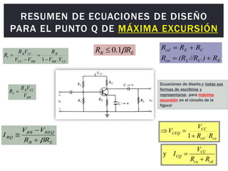 RESUMEN DE ECUACIONES DE DISEÑO
PARA EL PUNTO Q DE MÁXIMA EXCURSIÓN
CC
BB
B
BB
CC
CC
B
V
V
R
V
V
V
R
R




1
1
BB
CC
B
V
V
R
R 
2
E
B R
R 
1
.
0

E
C
L
ca
C
E
cd
R
)
//R
(R
R
R
R
R




ca
cd
CC
CEQ
R
R
V
V



1
cd
ca
CC
CQ
R
R
V
I


y
Ecuaciones de diseño,y todas sus
formas de escribirse y
representarse, para máxima
excursión en el circuito de la
figura!
E
B
BEQ
BB
BQ
R
R
V
V
I




 
