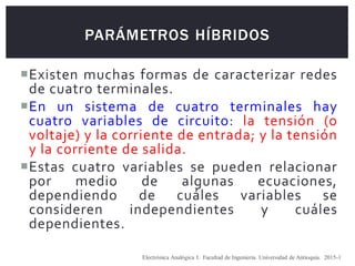PARÁMETROS HÍBRIDOS
Existen muchas formas de caracterizar redes
de cuatro terminales.
En un sistema de cuatro terminales hay
cuatro variables de circuito: la tensión (o
voltaje) y la corriente de entrada; y la tensión
y la corriente de salida.
Estas cuatro variables se pueden relacionar
por medio de algunas ecuaciones,
dependiendo de cuáles variables se
consideren independientes y cuáles
dependientes.
Electrónica Analógica I. Facultad de Ingeniería. Universidad de Antioquia. 2015-1
 