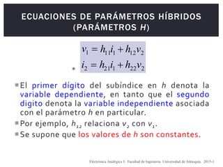 ECUACIONES DE PARÁMETROS HÍBRIDOS
(PARÁMETROS H)
El primer dígito del subíndice en h denota la
variable dependiente, en tanto que el segundo
digito denota la variable independiente asociada
con el parámetro h en particular.
Por ejemplo, h12 relaciona v2 con v1.
Se supone que los valores de h son constantes.
2
22
1
1
2
2
2
12
1
11
1
v
h
i
h
i
v
h
i
h
v




*
Electrónica Analógica I. Facultad de Ingeniería. Universidad de Antioquia. 2015-1
 