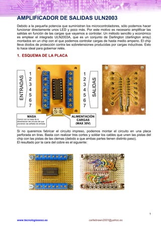 AMPLIFICADOR DE SALIDAS ULN2003
Debido a la pequeña potencia que suministran los microcontroladores, sólo podemos hacer
funcionar directamente unos LED y poco más. Por este motivo es necesario amplificar las
salidas en función de las cargas que vayamos a controlar. Un método sencillo y económico
es emplear el integrado ULN2003A, que es un conjunto de Darlington (darlington array)
montados en un chip con el que podemos controlar cargas de hasta medio amperio. El chip
lleva diodos de protección contra las sobretensiones producidas por cargas inductivas. Esto
lo hace ideal para gobernar relés.

1. ESQUEMA DE LA PLACA



             1                                1
  ENTRADAS




             2                                2


                                                    SALIDAS
             3                                3
             4                                4
             5                                5
             6                                6
             7                                7

             MASA                     ALIMENTACIÓN
Común con la masa de la
alimentación del circuito del que
                                         CARGAS
provienen las señales de entrada        (MAX 30V)

Si no queremos fabricar el circuito impreso, podemos montar el circuito en una placa
perforada en tiras. Basta con realizar tres cortes y soldar los cables que unen las pistas del
chip con las pistas de las clemas (debido a que ambas partes tienen distinto paso).
El resultado por la cara del cobre es el siguiente:




                                                                                            1

www.tecnologiaseso.es                             carliebrawn2001@yahoo.es
 