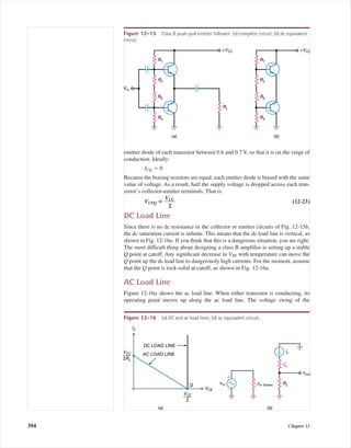 emitter diode of each transistor between 0.6 and 0.7 V, so that it is on the verge of
conduction. Ideally:
ICQ ϭ 0
Because the biasing resistors are equal, each emitter diode is biased with the same
value of voltage. As a result, half the supply voltage is dropped across each tran-
sistor’s collector-emitter terminals. That is:
VCEQ ‫؍‬ ᎏ
V
2
CC
ᎏ (12-23)
DC Load Line
Since there is no dc resistance in the collector or emitter circuits of Fig. 12-15b,
the dc saturation current is inﬁnite. This means that the dc load line is vertical, as
shown in Fig. 12-16a. If you think that this is a dangerous situation, you are right.
The most difﬁcult thing about designing a class B ampliﬁer is setting up a stable
Q point at cutoff. Any signiﬁcant decrease in VBE with temperature can move the
Q point up the dc load line to dangerously high currents. For the moment, assume
that the Q point is rock-solid at cutoff, as shown in Fig. 12-16a.
AC Load Line
Figure 12-16a shows the ac load line. When either transistor is conducting, its
operating point moves up along the ac load line. The voltage swing of the
394 Chapter 12
+VCC
(a)
R1
R2
R3
R4
Vin
+VCC
(b)
R3
RL
R1
R2
R4
Figure 12-15 Class B push-pull emitter follower: (a) complete circuit; (b) dc equivalent
circuit.
DC LOAD LINE
AC LOAD LINE
Q
2RL
VCC
IC
2
VCC
(a)
VCE
+
–
vin zin (base) RL
vout
(b)
ic
reЈ
Figure 12-16 (a) DC and ac load lines; (b) ac equivalent circuit.
mal75277_ch12.qxd 12/7/05 6:21 PM Page 394
 