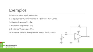 Exemplos
1-Para o circuito a seguir, determine:
a. A equação de Vo, considerando Rf = 10,0 kΩ e Rs = 4,0 kΩ;
b. O valor de Vo para Vs = 2V;
c. O valor de Vo para Vs = ‐5V;
d. O valor de Vo para Vs = 8V; e.
Os limites de variação de Vs para que a saída Vo não sature
INSTITUTO FEDERAL
ESPÍRITO SANTO
 