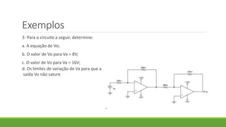 Exemplos
3- Para o circuito a seguir, determine:
a. A equação de Vo;
b. O valor de Vo para Va = 8V;
c. O valor de Vo para Va = 16V;
d. Os limites de variação de Va para que a
saída Vo não sature
 