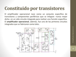 Constituido por transistores
El amplificador operacional nace como un conjunto específico de
transistores y componentes periféricos que se integran -nunca mejor
dicho- en un sólo circuito integrado para realizar una función específica.
El amplificador operacional, además, fue uno de los primeros circuitos
integrados que se fabricaron como tales.
ElAmplificadorOperacionalA.O.
10
 