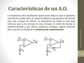 Características de un A.O.
La importancia del amplificador operacional radica en que se aproxima
muchísimo a todas ellas. Es capaz de obtener una ganancia de tensión
muy alta, aunque no infinita, su impedancia de salida es muy baja
mientras que la de entrada es muy elevada, el ancho de banda es
bastante grande y, por último, podemos conseguir regular bastante
bien la ganancia mediante la resistencia de realimentación.
ElAmplificadorOperacionalA.O.
22
 
