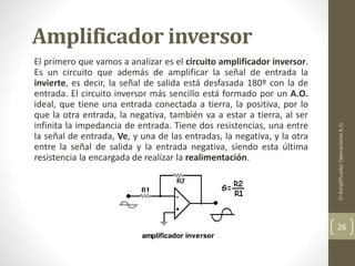 Amplificador inversor
El primero que vamos a analizar es el circuito amplificador inversor.
Es un circuito que además de amplificar la señal de entrada la
invierte, es decir, la señal de salida está desfasada 180º con la de
entrada. El circuito inversor más sencillo está formado por un A.O.
ideal, que tiene una entrada conectada a tierra, la positiva, por lo
que la otra entrada, la negativa, también va a estar a tierra, al ser
infinita la impedancia de entrada. Tiene dos resistencias, una entre
la señal de entrada, Ve, y una de las entradas, la negativa, y la otra
entre la señal de salida y la entrada negativa, siendo esta última
resistencia la encargada de realizar la realimentación.
ElAmplificadorOperacionalA.O.
26
 