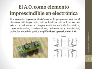 El A.O. como elemento
imprescindible en electrónica
Si a cualquier ingeniero electrónico se le preguntase cuál es el
elemento más importante, más utilizado o más útil de los que
existen actualmente, al margen evidentemente de los básicos,
como resistencias, condensadores, inductancias y transistores,
probablemente diría que los amplificadores operacionales, A.O.
ElAmplificadorOperacionalA.O.
3
 