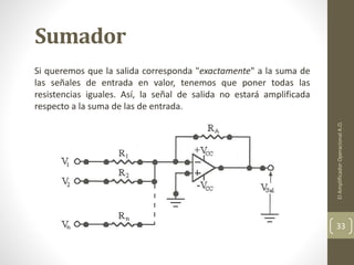 Sumador
Si queremos que la salida corresponda "exactamente" a la suma de
las señales de entrada en valor, tenemos que poner todas las
resistencias iguales. Así, la señal de salida no estará amplificada
respecto a la suma de las de entrada.
ElAmplificadorOperacionalA.O.
33
 