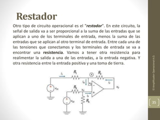 Restador
Otro tipo de circuito operacional es el "restador". En este circuito, la
señal de salida va a ser proporcional a la suma de las entradas que se
aplican a uno de los terminales de entrada, menos la suma de las
entradas que se aplican al otro terminal de entrada. Entre cada una de
las tensiones que conectamos y los terminales de entrada se va a
encontrar una resistencia. Vamos a tener otra resistencia para
realimentar la salida a una de las entradas, a la entrada negativa. Y
otra resistencia entre la entrada positiva y una toma de tierra.
ElAmplificadorOperacionalA.O.
35
 