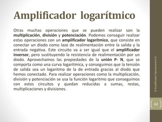 Amplificador logarítmico
Otras muchas operaciones que se pueden realizar son la
multiplicación, división y potenciación. Podemos conseguir realizar
estas operaciones con un amplificador logarítmico, que consiste en
conectar un diodo como lazo de realimentación entre la salida y la
entrada negativa. Este circuito va a ser igual que el amplificador
inversor, pero sustituyendo la resistencia de realimentación por un
diodo. Aprovechamos las propiedades de la unión P- N, que se
comporta como una curva logarítmica, y conseguimos que la tensión
de salida sea un logaritmo de la de entrada gracias al diodo que
hemos conectado. Para realizar operaciones como la multiplicación,
división y potenciación se usa la función logaritmo que conseguimos
con estos circuitos y quedan reducidas a sumas, restas,
multiplicaciones y divisiones.
ElAmplificadorOperacionalA.O.
42
 