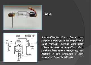 Triodo




A amplificação SE é a forma mais
simples e mais pura de amplificar o
sinal musical. Apenas com uma
válvula de saída se amplifica todo o
sinal em fase, sem o manipular, sem
destruir a sua coerência e sem
introduzir distorções de fase.
 