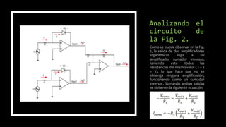 Analizando el
circuito de
la Fig. 2.
Como se puede observar en la Fig.
2, la salida de dos amplificadores
logarítmicos llega a un
amplificador sumador inversor,
teniendo este todas las
resistencias del mismo valor ( 1 = 2
= 3), lo que hace que no se
obtenga ninguna amplificación,
funcionando como un sumador
inversor. Sumando ambas salidas
se obtienen la siguiente ecuación:
 