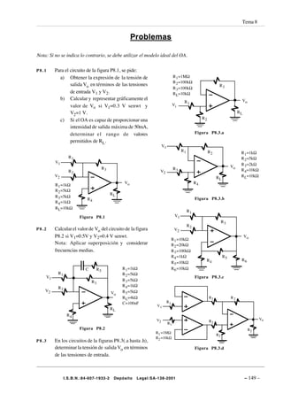 Tema 8


                                                    Problemas

Nota: Si no se indica lo contrario, se debe utilizar el modelo ideal del OA.

P8.1     Para el circuito de la figura P8.1, se pide:
           a) Obtener la expresión de la tensión de                         R 1 =1MΩ
                                                                            R 2 =100kΩ
                 salida Vo en términos de las tensiones                                                     R3
                                                                            R 3 =100kΩ
                 de entrada V1 y V2.                                        R L=10kΩ
           b) Calcular y representar gráficamente el                                                                       Vo
                                                                                   R1
                 valor de Vo si V1=0.3 V senwt y                            Vi
                 V2=1 V.                                                                                                  RL
                                                                                                 R2
           c) Si el OA es capaz de proporcionar una
                 intensidad de salida máxima de 50mA,
                 determinar el rango de valores                                             Figura P8.3.a

                 permitidos de RL.
                                                                  V1
                                                                                  R1                  R2                   R 1 =1kΩ
                 R1                                                                                                        R 2 =5kΩ
         V1                                                                                                                R 3 =2kΩ
                                    R3                                                                               Vo
                                                                            R3                                             R 4 =10kΩ
                 R2                                            V2
         V2                                                                                                RL              R L=10kΩ
                                               Vo                                           R4
         R 1 =1kΩ
         R 2 =5kΩ
                                         RL
         R 3 =5kΩ
                          R4                                                                Figura P8.3.b
         R 4 =1kΩ
         R L=10kΩ
                                                                                       R1
                      Figura P8.1                                            V1
                                                                                                                R3
                                                                                       R2
P8.2     Calcular el valor de Vo del circuito de la figura                   V2
         P8.2 si V1=0.5V y V2=0.4 V senwt.                                                                                     Vo
                                                                            R 1 =10kΩ
         Nota: Aplicar superposición y considerar                           R 2 =20kΩ
         frecuencias medias.                                                R 3 =100kΩ
                                                                            R 4 =1kΩ                            R5
                                                                                                  R4                       R6
                                                                            R 5 =10kΩ
                         C     R5             R 1 =1kΩ                      R 6 =10kΩ
          R1                                  R 2 =5kΩ
    V1                                                                                      Figura P8.3.c
                             R3               R 3 =5kΩ
                                              R 4 =1kΩ
          R2
    V2                                        R 5 =5kΩ
                                         Vo
                                              R L=4kΩ                                                 R2             R2
                                              C=100nF                  R1
                                                             V1
                                         RL
                R4
                                                             V2                                                                        Vo
                                                                                                      R2
                                                                       R1
                      Figura P8.2                                                                                               R2
                                                             R1 =1MΩ
                                                                                                           R2
                                                             R2 =10kΩ
P8.3     En los circuitos de la figuras P8.3(.a hasta .h),
         determinar la tensión de salida Vo en términos                                     Figura P8.3.d
         de las tensiones de entrada.



               I.S.B.N.:84-607-1933-2     Depósito   Legal:SA-138-2001                                                         – 149 –
 