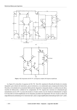 Electronica Básica para Ingenieros




                                                          a)




                                                          b)
                   Figura 8.2. Esquemático del OA 741. a) Esquema completo, b ) Esquema simplificado.



     La figura 8.2.a describe el esquema de OA 741. Este OA mantiene la filosofía del diseño de circuitos
integrados: gran número de transistores, pocas resistencias y un condensador para compensación interna. Esta
filosofía es el resultado de la economía de fabricación de dispositivos integrados donde se combina área de silicio,
sencillez de fabricación y calidad de los componentes. El 741 requiere dos tensiones de alimentación que
normalmente son de ±15V. La masa del circuito es el nudo común a las dos fuentes de alimentación. La figura
8.2.b describe la versión simplificada con los elementos circuitales más importantes. En este circuito se observa la
etapa diferencial constituida por los transistores Q1 y Q2, la etapa amplificadora intermedia por Q16, Q17 y Q23,




   – 140 –                                 I.S.B.N.:84-607-1933-2     Depósito    Legal:SA-138-2001
 