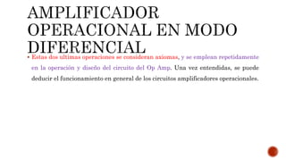 Estas dos ultimas operaciones se consideran axiomas, y se emplean repetidamente
en la operación y diseño del circuito del Op Amp. Una vez entendidas, se puede
deducir el funcionamiento en general de los circuitos amplificadores operacionales.
 